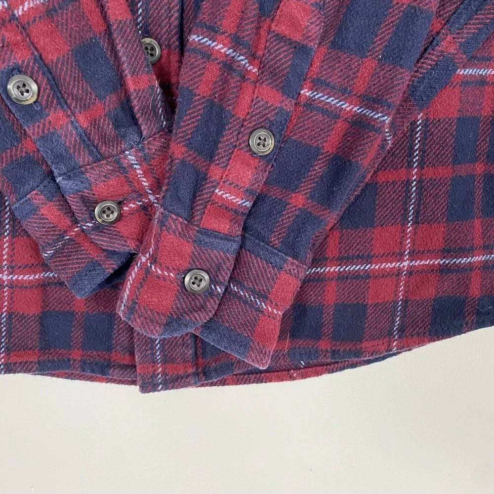 Orvis Shirt Mens Medium Red Navy Plaid Flannel Button Front Side Pockets Outdoor